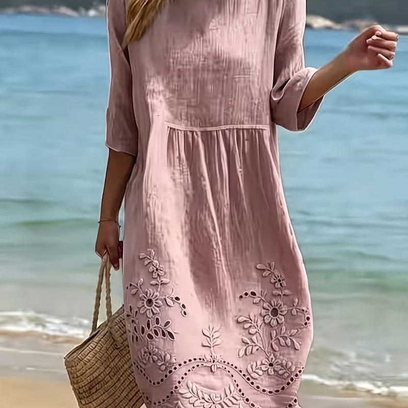 Women's Floral Print Pleated Midi Dress Round Neck Half Sleeve