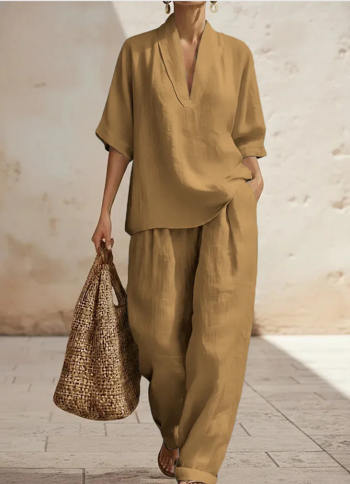 V-Neck Short Sleeve Top & Wide-Leg Pants Set