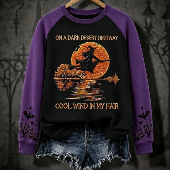 Halloween Witch Print Crewneck Long-Sleeve Pullover Sweatshirt