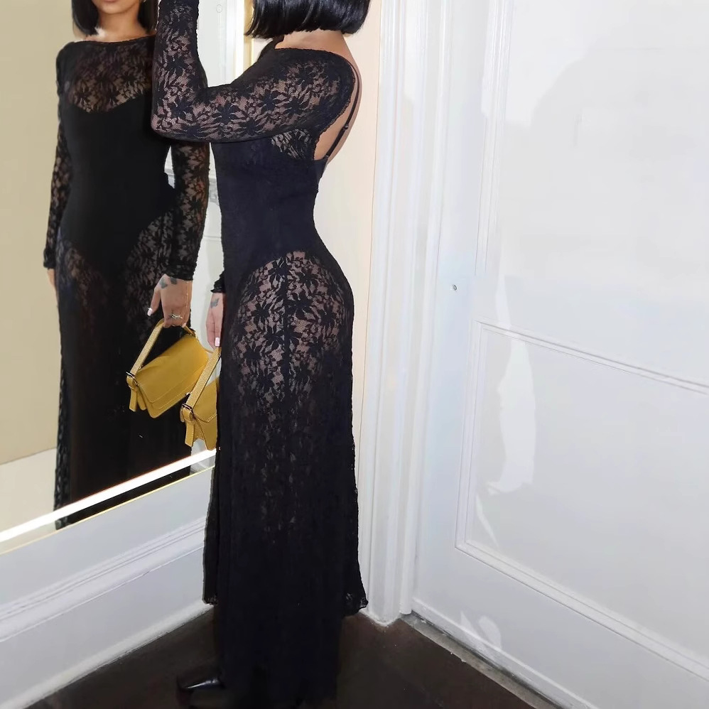 Women's Lace Sheer Open-Back Long Dress