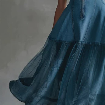 Retro Elegant Blue Denim and Tulle Patchwork Long Dress