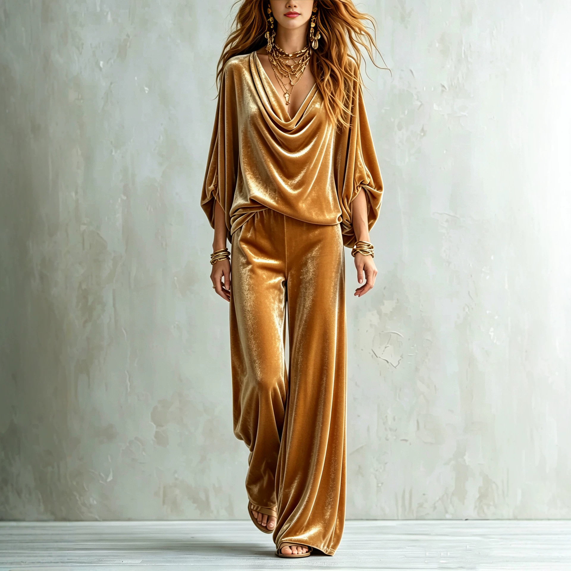 Bohemian Solid Color Cowl Neck Batwing Sleeve Top and Wide-Leg Pants Set