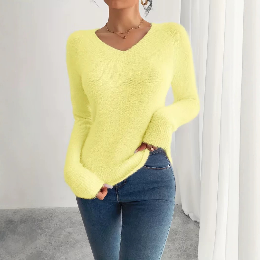 Women's V-Neck Solid Knit Sweater Soft Warm Pullover