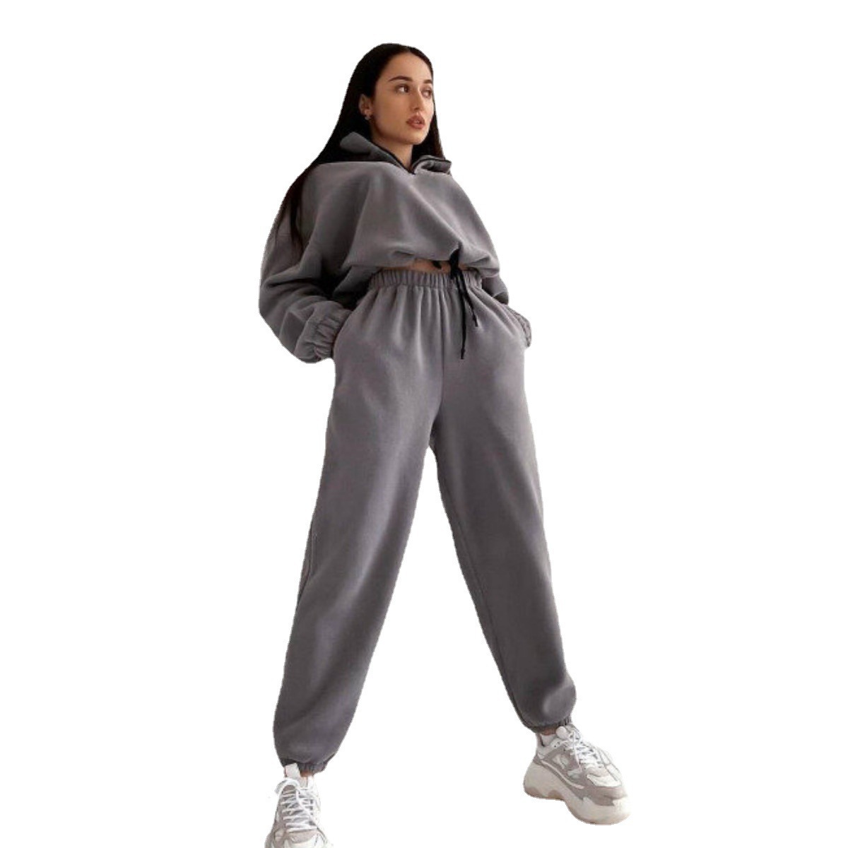 Women's Fleece-Lined Long Sleeve Zip Hoodie and Pants Set - Solid Color 2-Piece Tracksuit