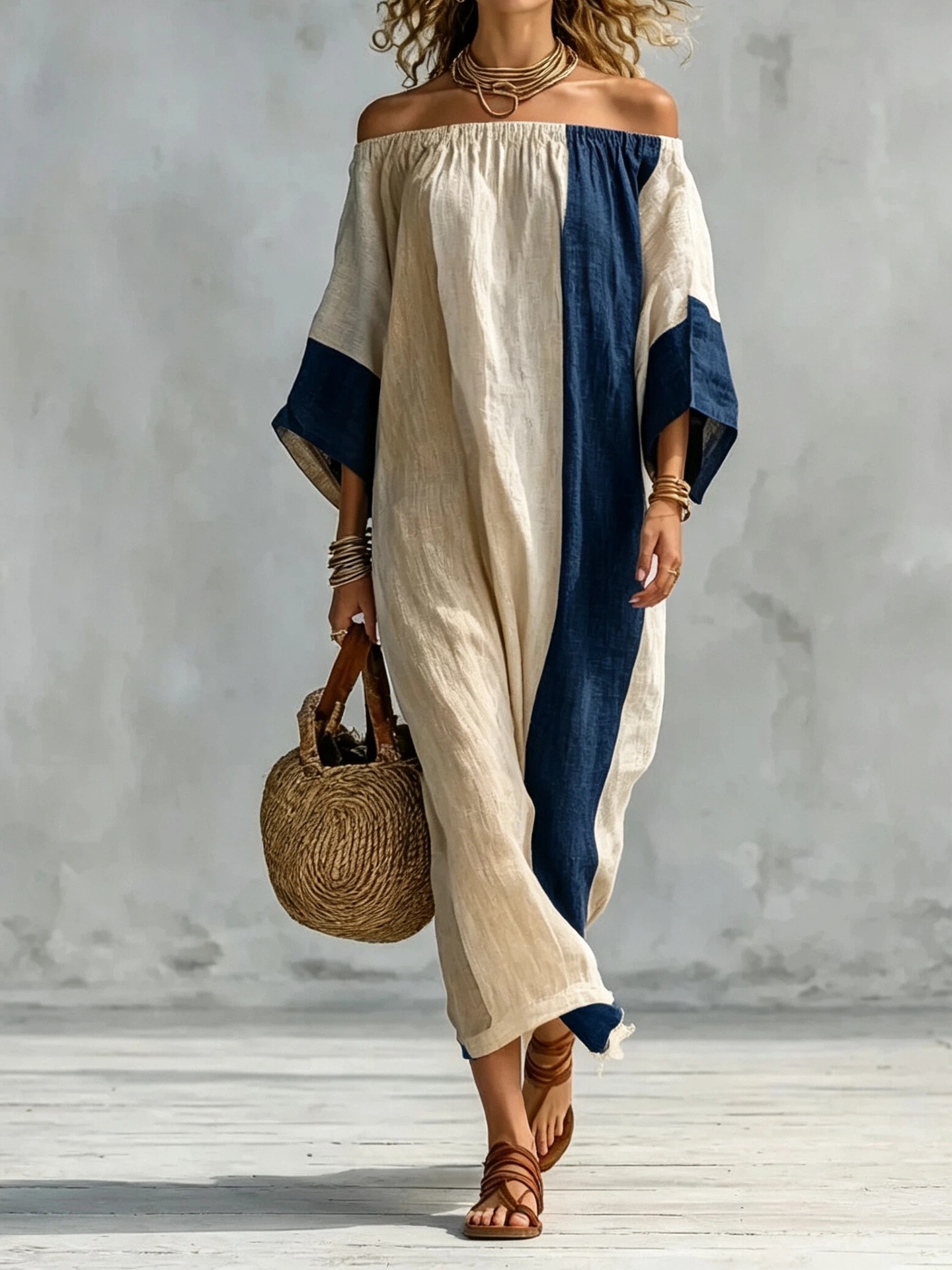 Women's Off-Shoulder Color-Block Long Dress Casual Loose Fit