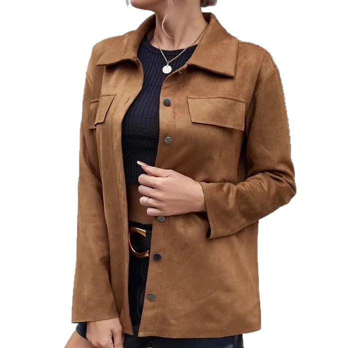 Women's Faux Suede Button-Front Collared Jacket Casual Light Brown