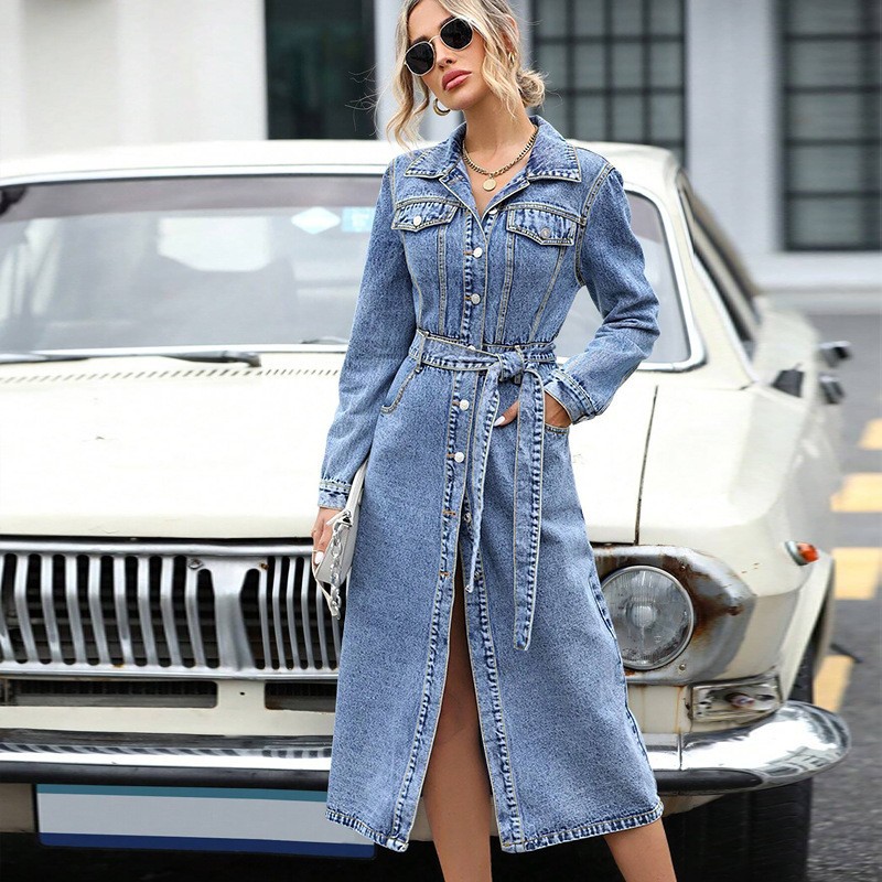 Women's Long Sleeve Tie-Waist Denim Shirt Dress