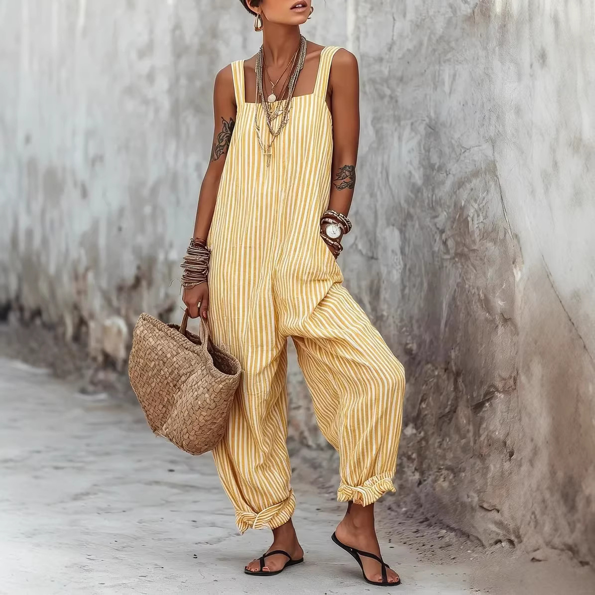 Women's Sleeveless Striped Print Loose Casual Jumpsuit