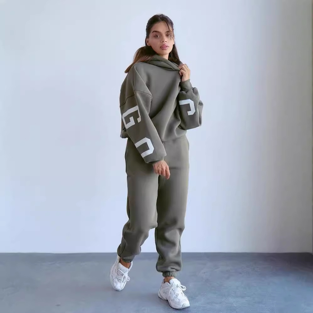 Women's Loose Back Print Hooded Sweatshirt and Pants Set
