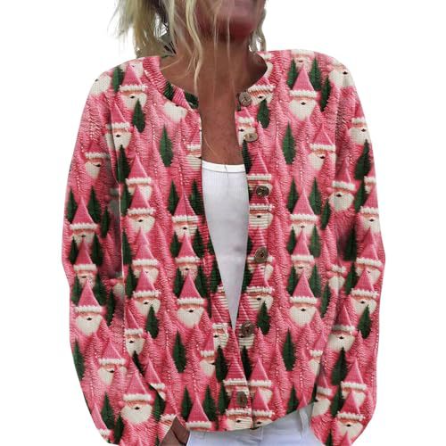 Women's Christmas Cardigan with Cartoon Star Santa Print and Buttons