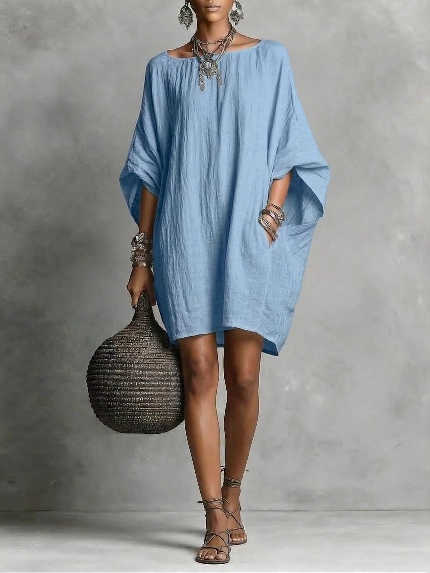 Women's Vintage Off-Shoulder Long Sleeve Midi Dress Solid Color Cotton-Linen Casual