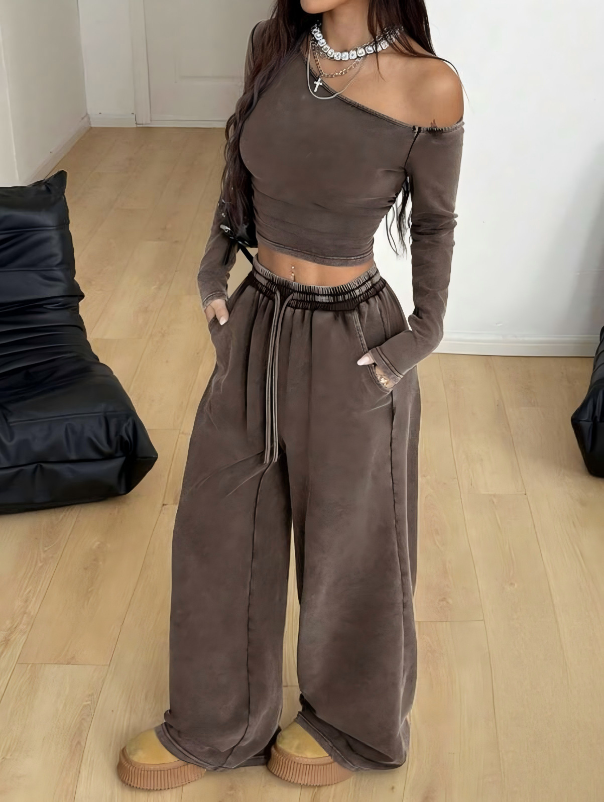 Washed Off-Shoulder Top & Wide-Leg Pants Lounge Set