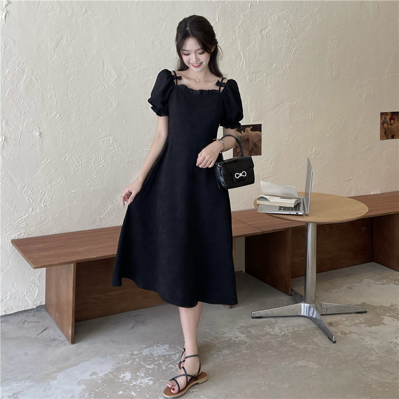 Square Neck Puff Sleeve Midi Dress Women's Black A-Line