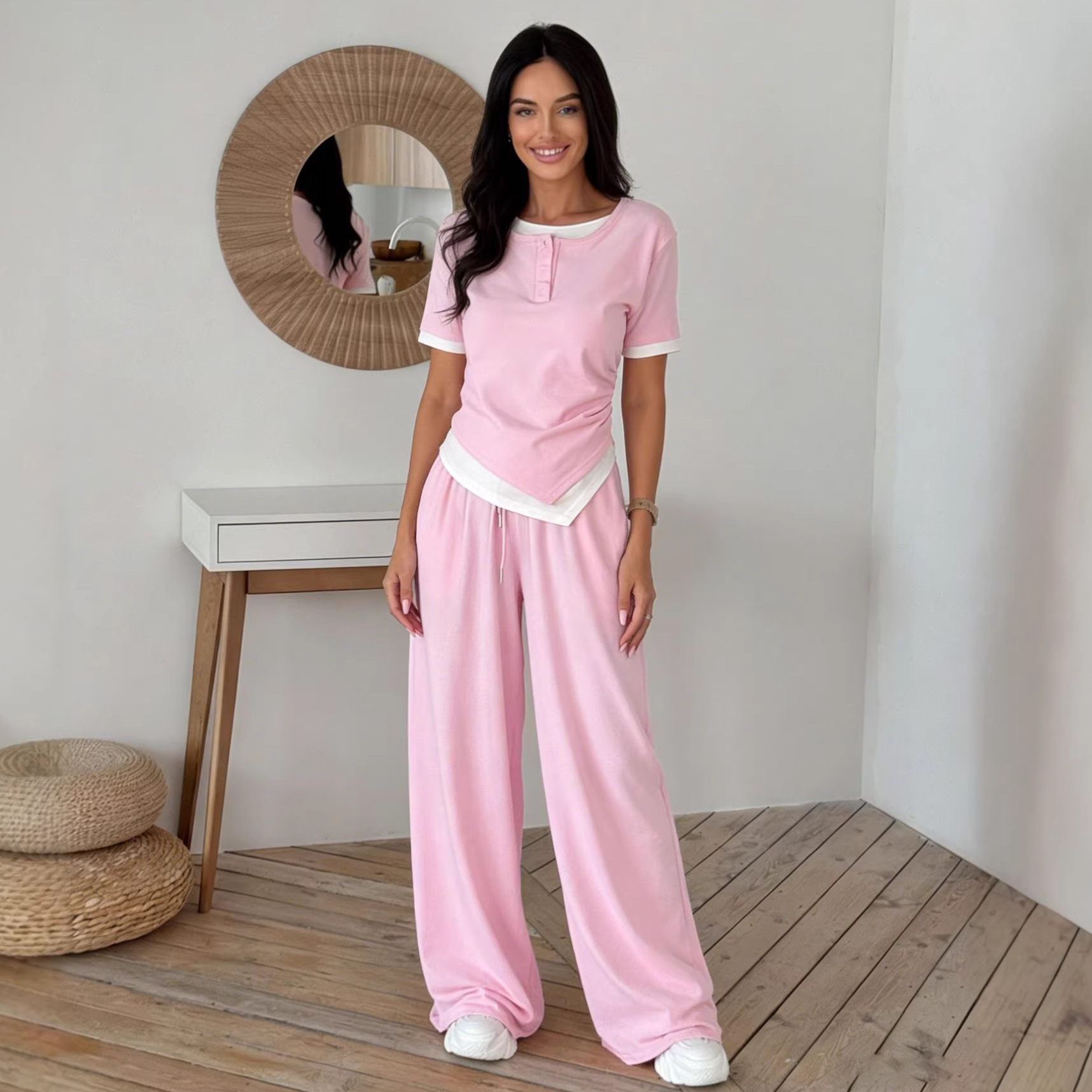 Women's Solid Color Long Sleeve Faux Two-Piece T-Shirt and Pants Set