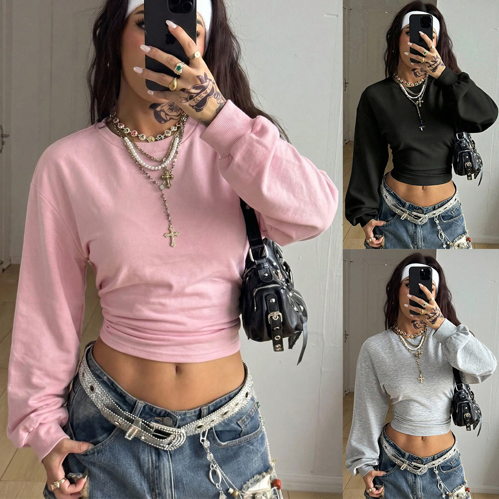 Women's Cropped Slim Fit Y2K Crewneck Solid Color Sweatshirt