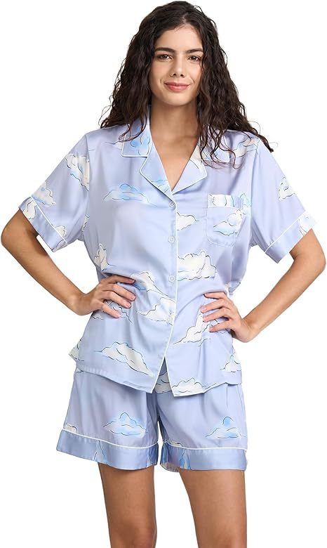 Women's Cuban Collar Satin Striped Print Short Sleeve Shirt Set