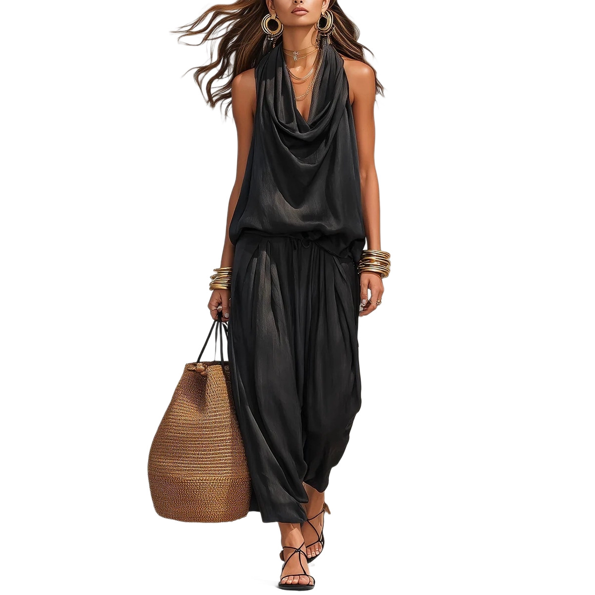 V-Neck Waist-Cinching Ruffle Midi Dress