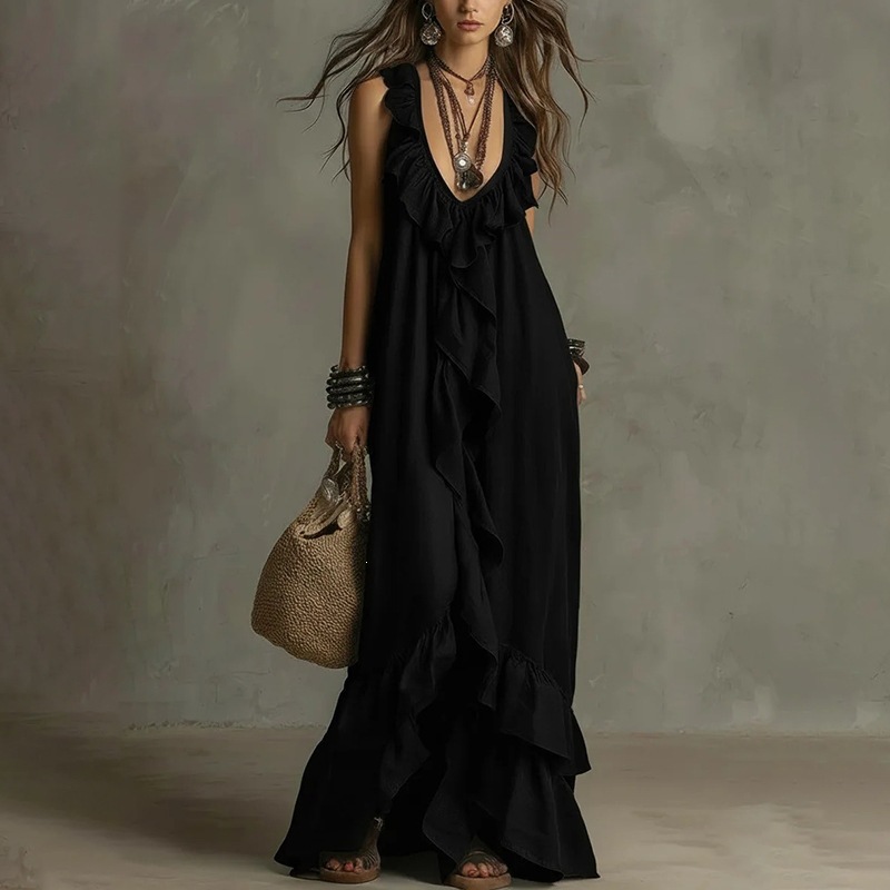 Women's Lace Trim A-Line Maxi Dress
