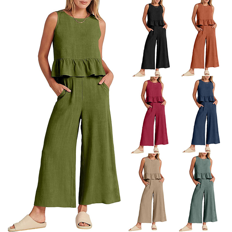 Women's Sleeveless Pleated Tank Top and Wide-Leg Cropped Pants Casual Set