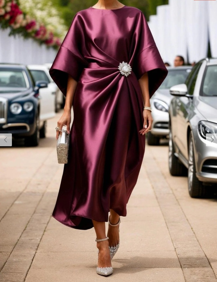 Solid Satin Knot Midi Dress Long High Waist Round Neck