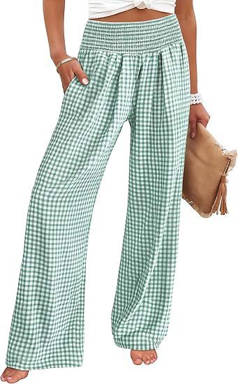 Plaid Wide-Leg Casual Pants with Elastic Waist