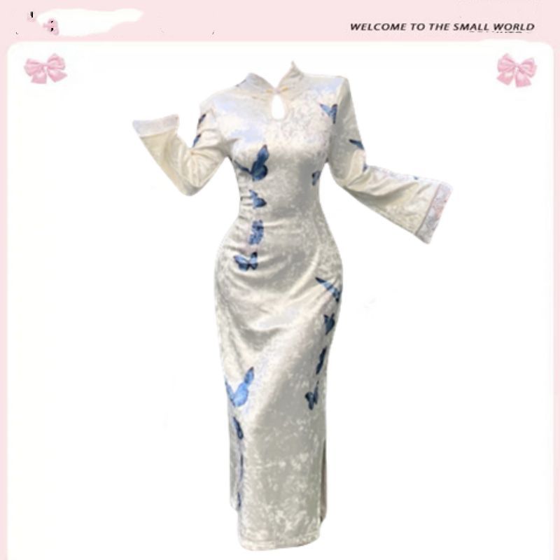 Plus Size New Chinese Style Velvet Qipao Dress Slimming Bodycon Midi