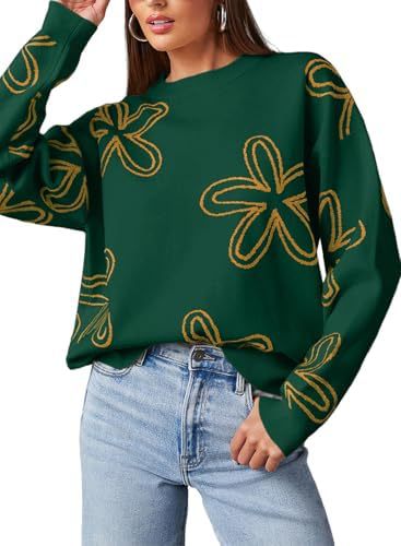 Women's Floral Print Chunky Knit Crewneck Long Sleeve Pullover Sweater