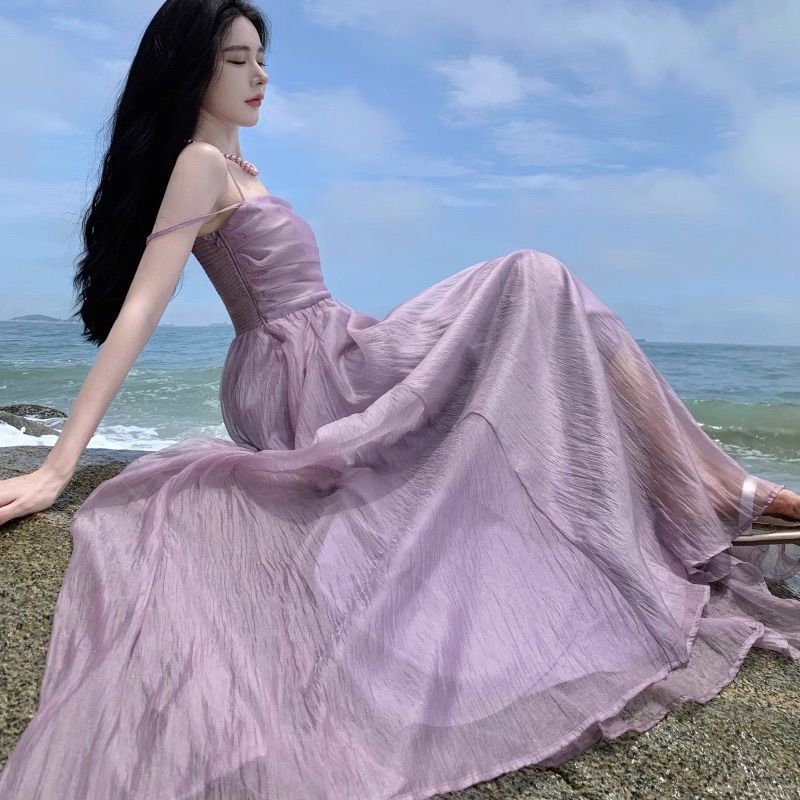 French Purple Slip Dress Women's Summer Petite Elegant Beach Vacation Long Dress