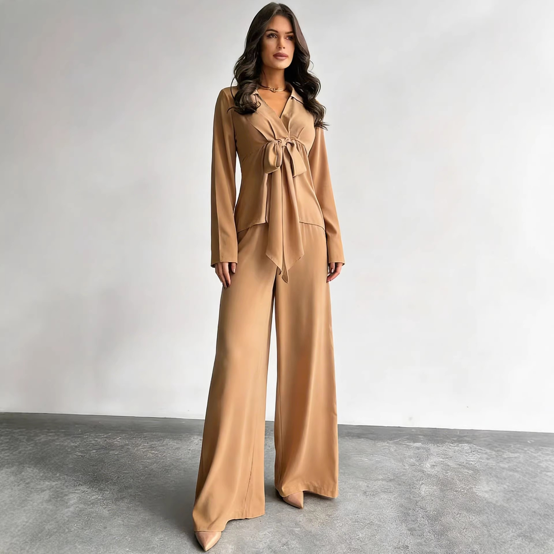 Women's Casual Two-Piece Set with Drawstring Top and Wide-Leg Pants