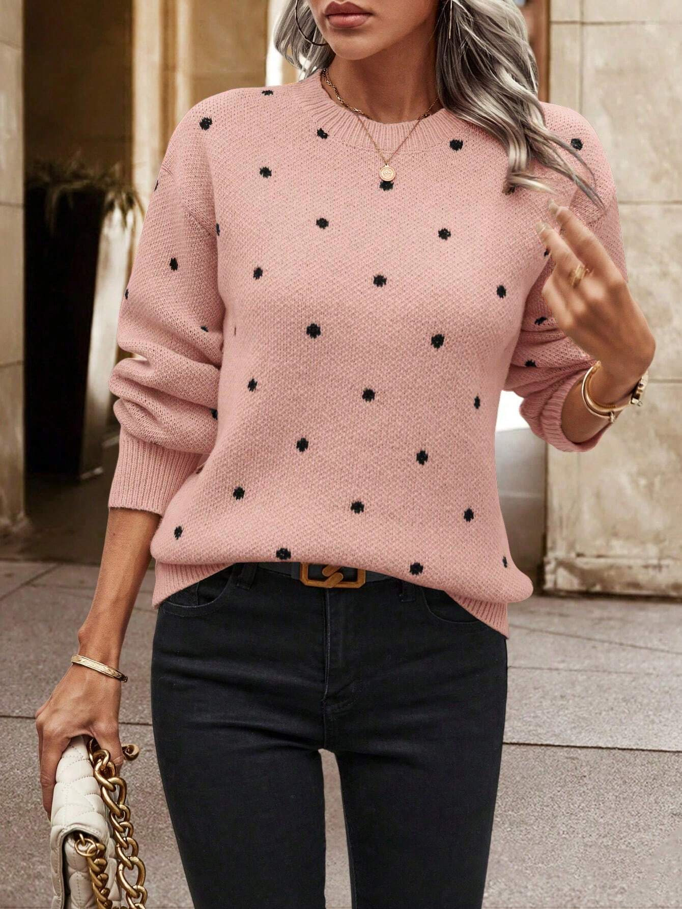Polka Dot Round Neck Knit Sweater Women's Loose Pullover