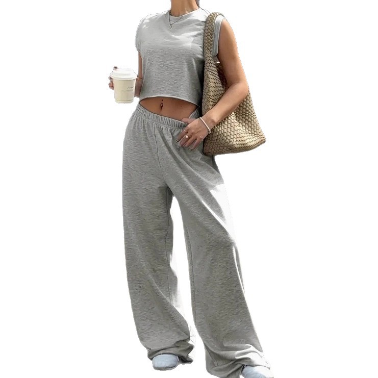 Women's Casual Wide-Leg Two-Piece Set with Round Neck Sleeveless Top and Solid Color Pants