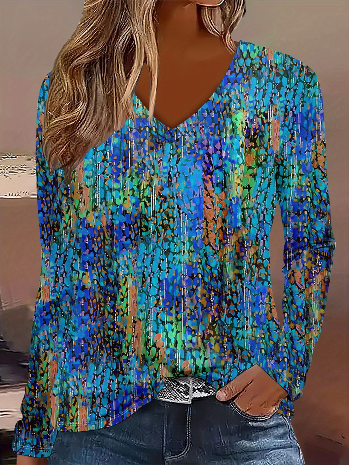 Bohemian Floral V-Neck Long-Sleeve Loose Casual T-Shirt