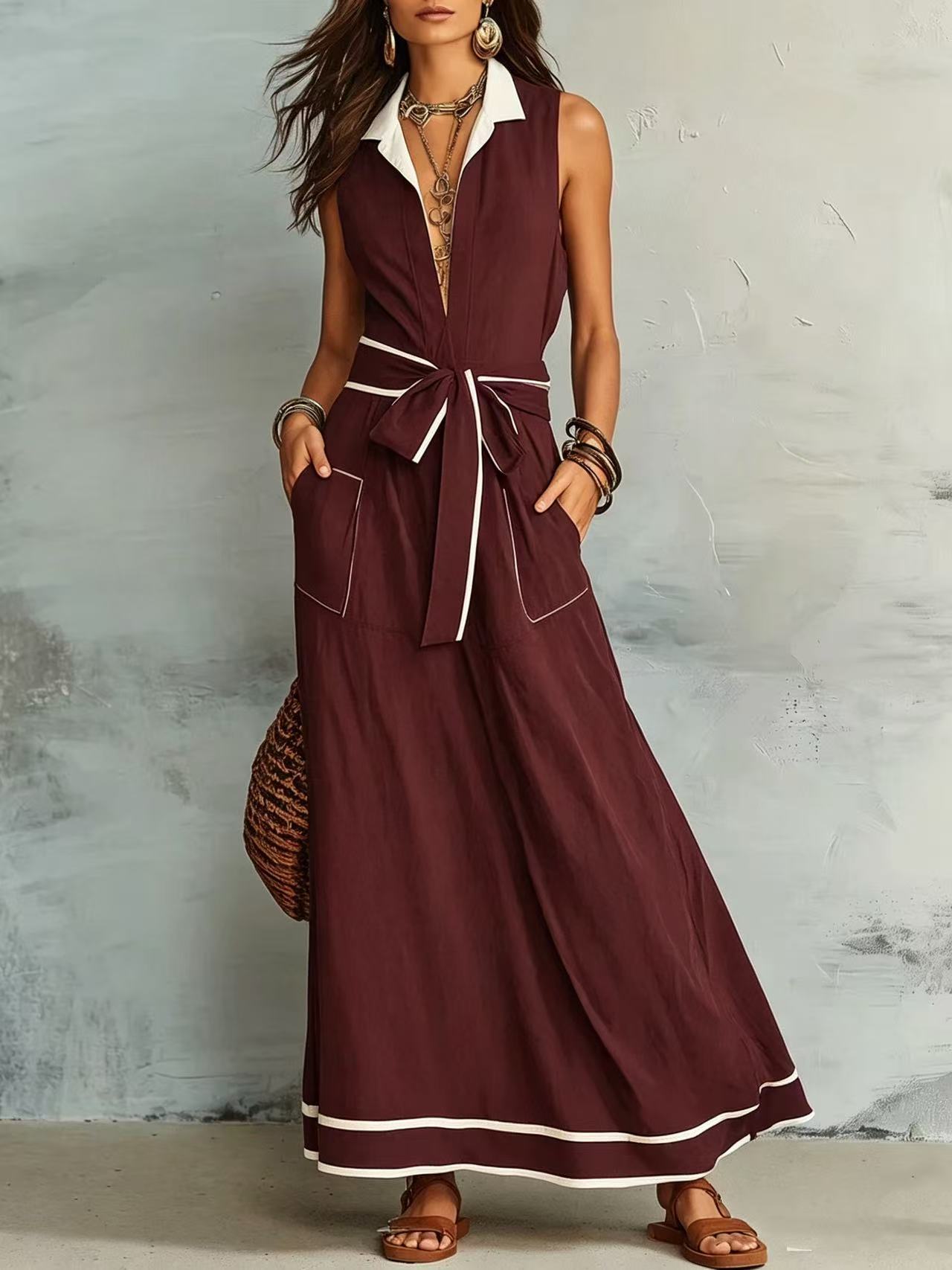 Sleeveless V-Neck White Trim Tie-Waist A-Line Dress