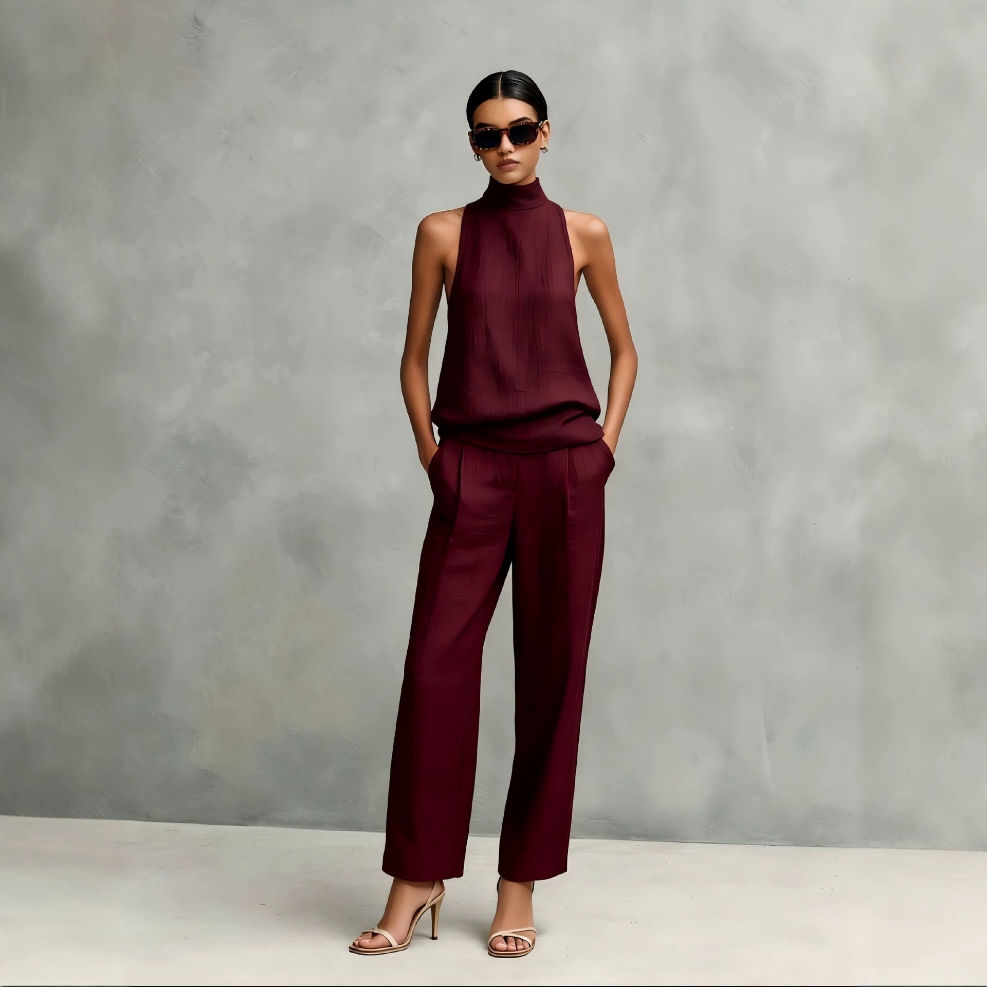 Women's Sleeveless High Neck Top & Wide Leg Pants Set