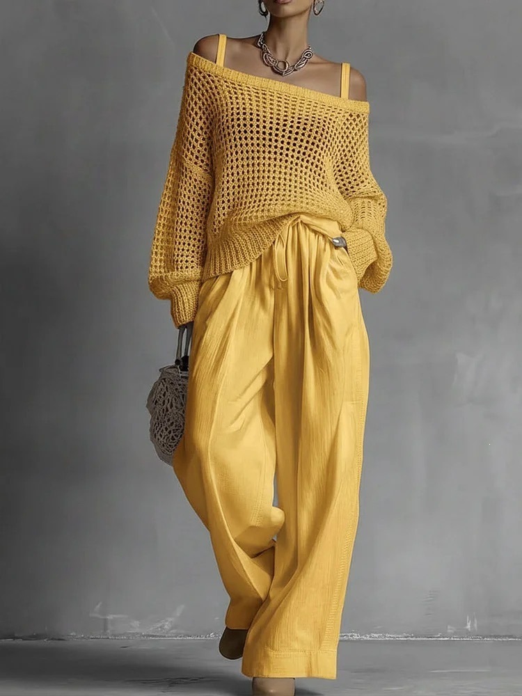 Women's Open-Knit Top and Cotton-Linen Pants Two-Piece Set