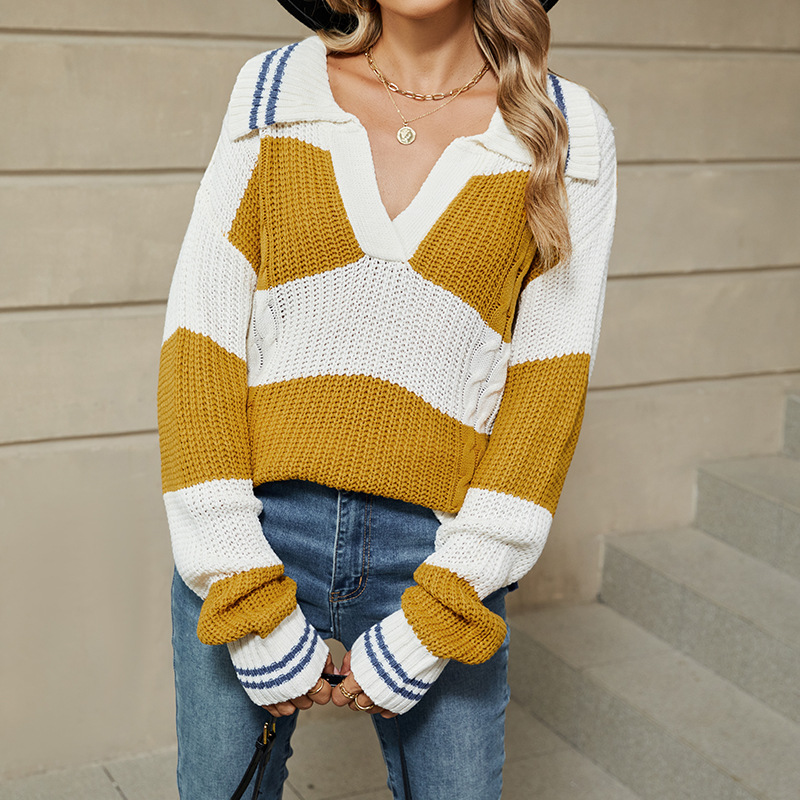 Striped Polo Neck Knit Sweater Loose Fit Pullover