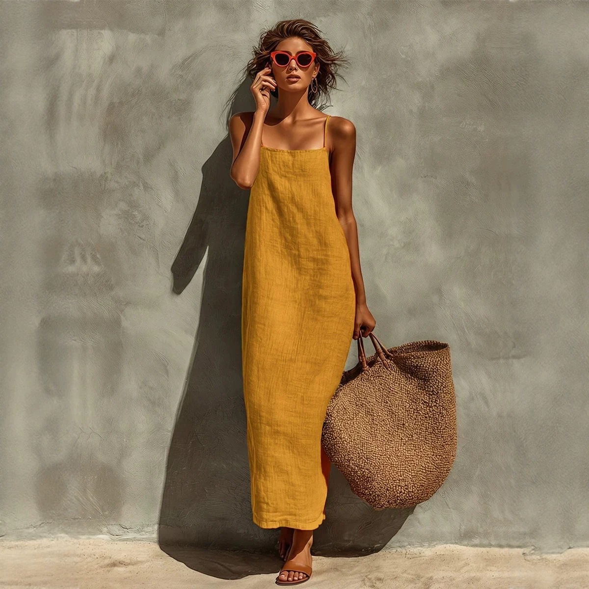 Women's Sleeveless Square Neck Boho Midi Dress