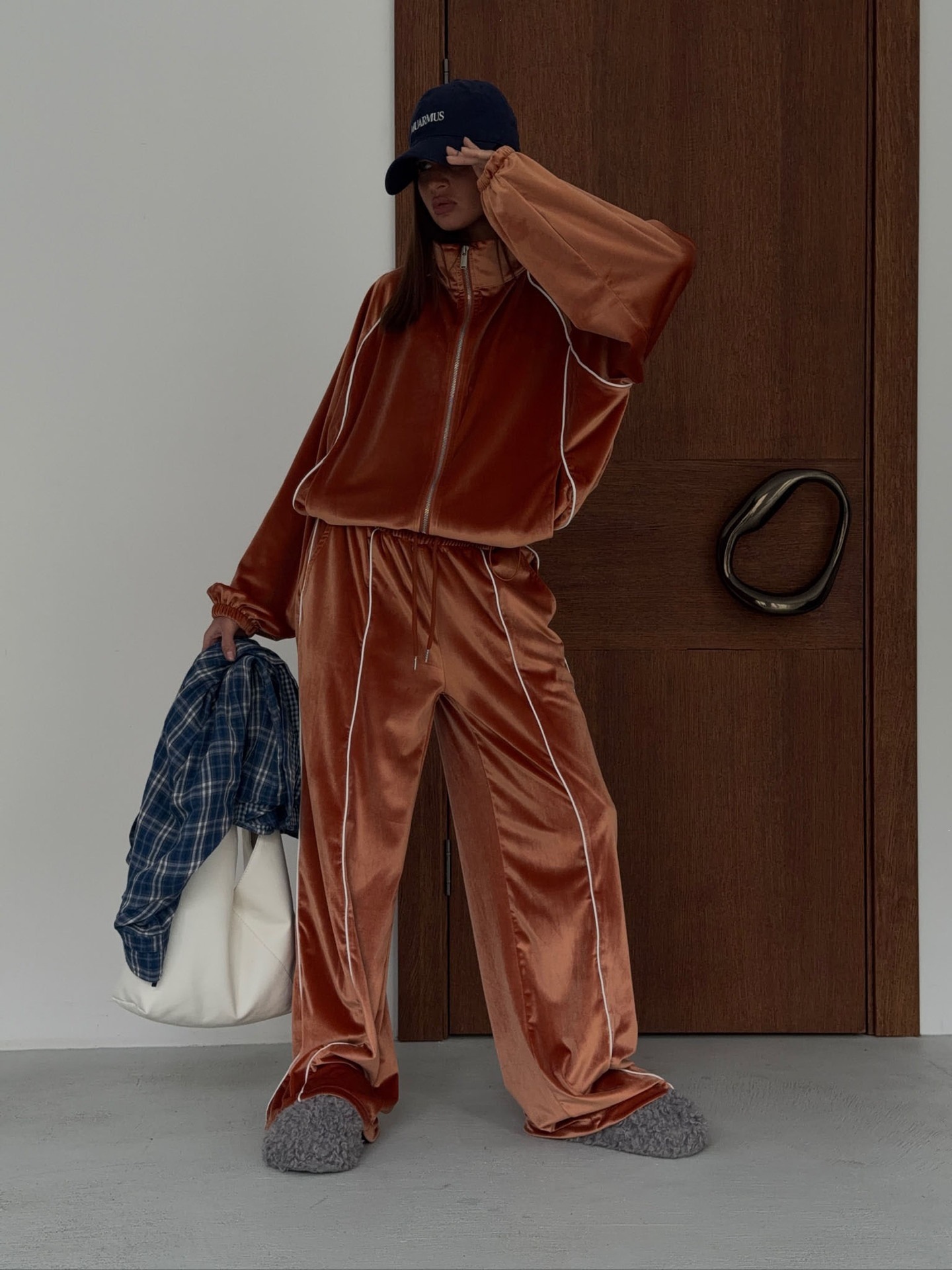 Red Velvet Zip Cardigan & Wide-Leg Pants Set