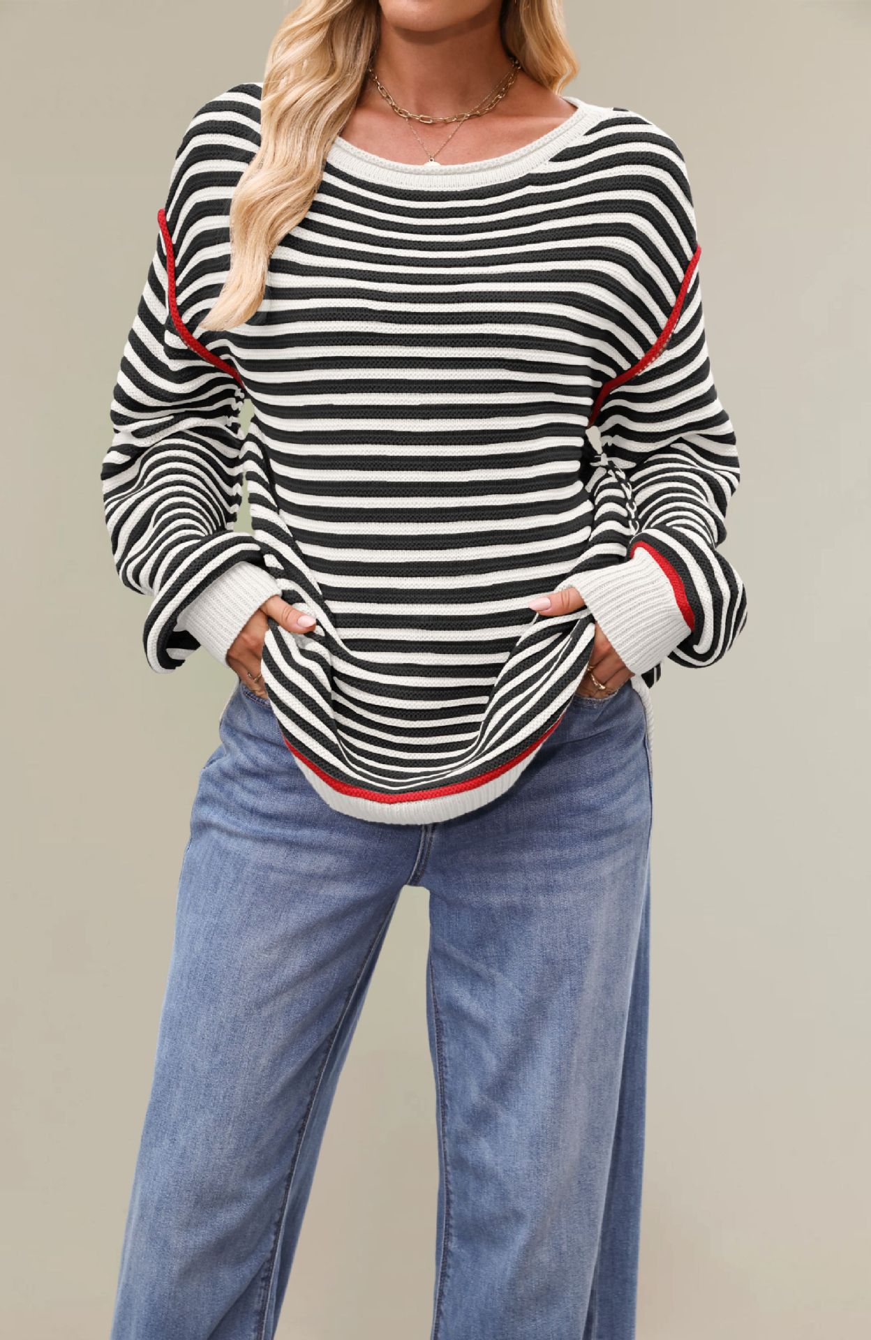 Striped Crewneck Pullover Sweater Loose Long Sleeve