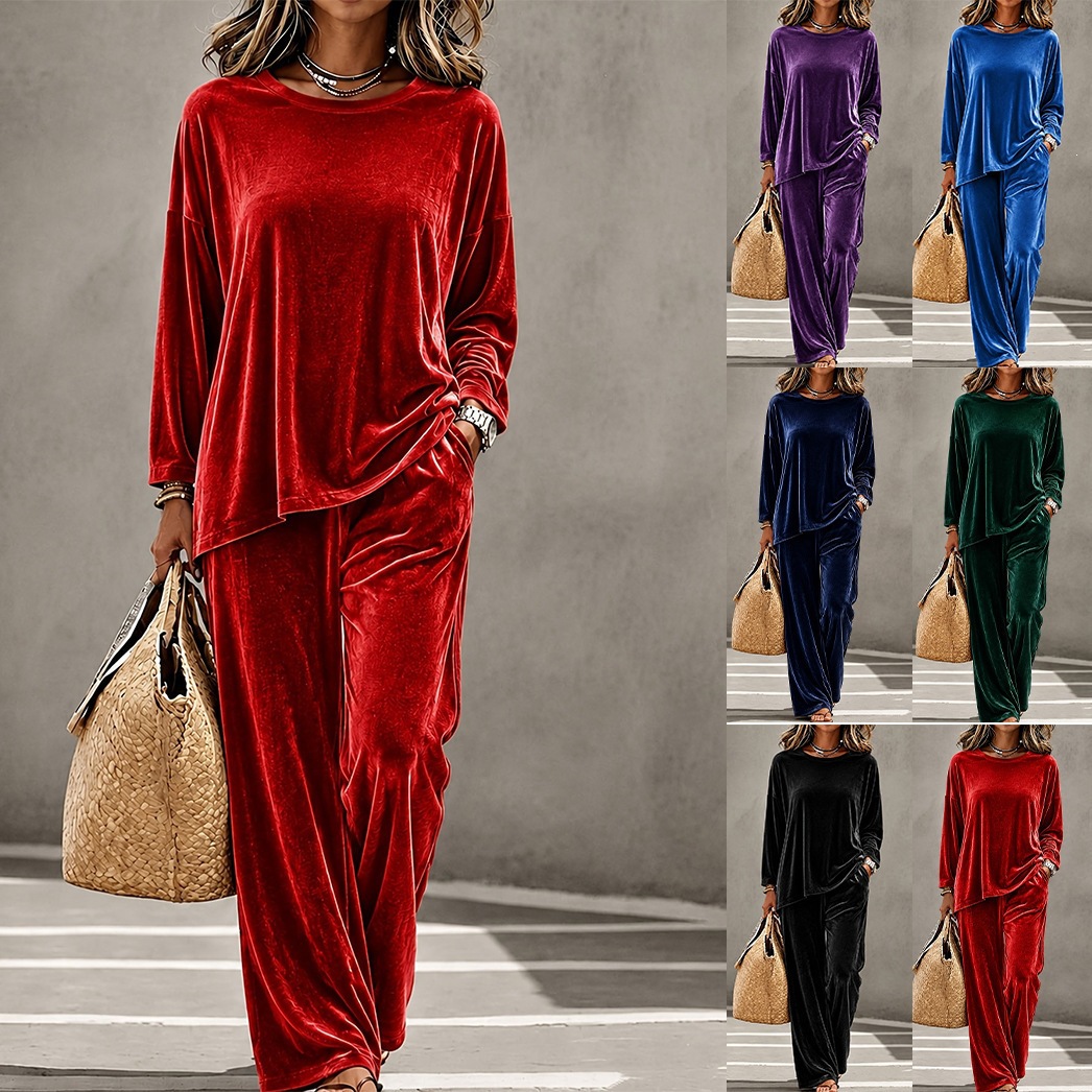 2026 New Cross-Border Women's Casual Round Neck Pullover Long Sleeve Long Pants Velvet Multi-Color Women's Set