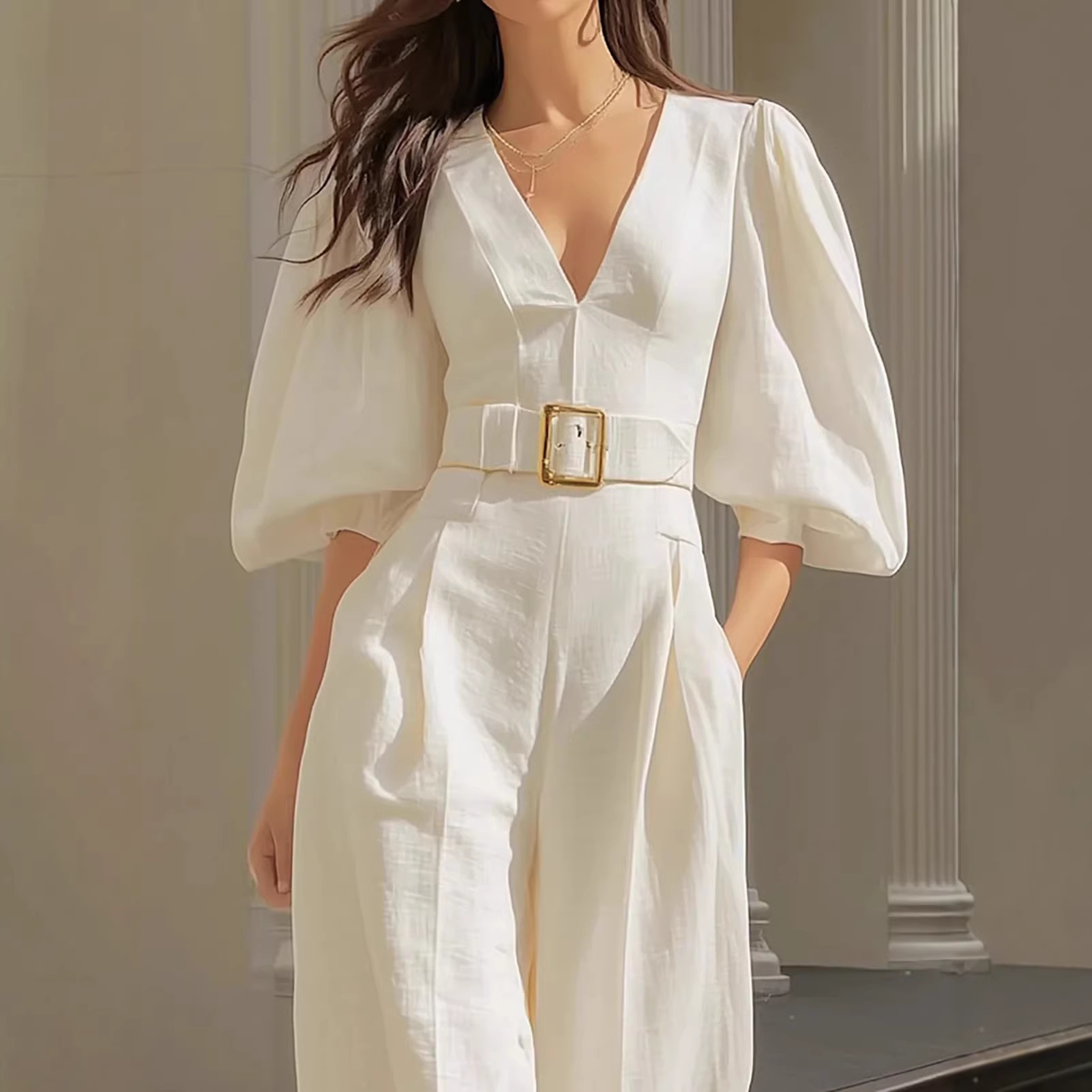 Solid V-Neck Half-Sleeve Belted Jumpsuit with Pockets