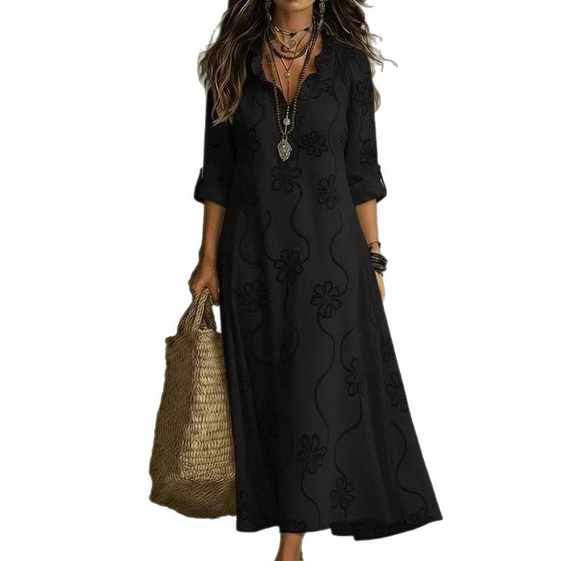 3D Digital Print Long Sleeve Plus Size A-Line Dress