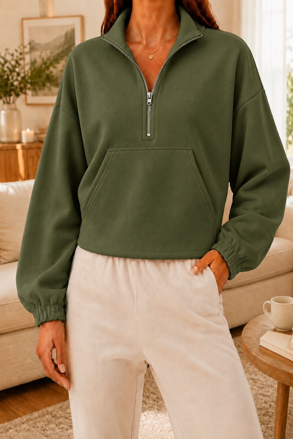 Women's Half-Zip Collared Cropped Hoodie with Kangaroo Pocket