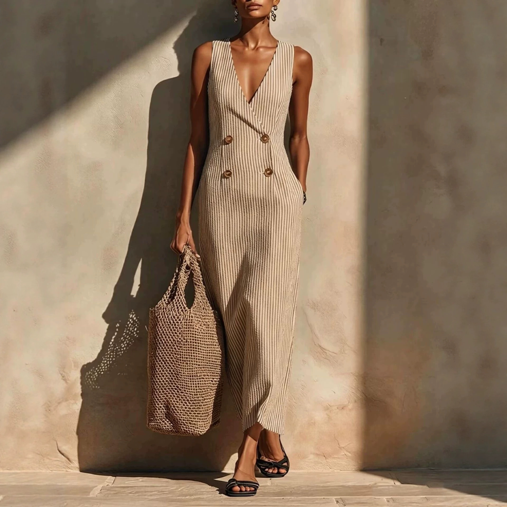 Elegant Striped Button-Front Midi Dress Sleeveless V-Neck A-Line