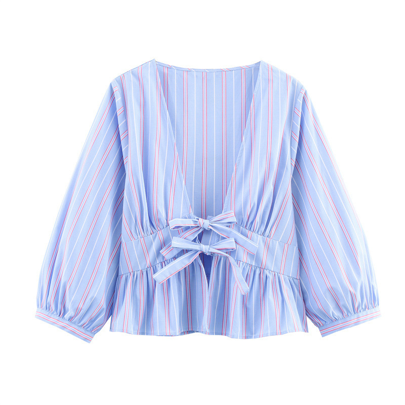 Striped Short-Sleeve Bow Top and Pants Set