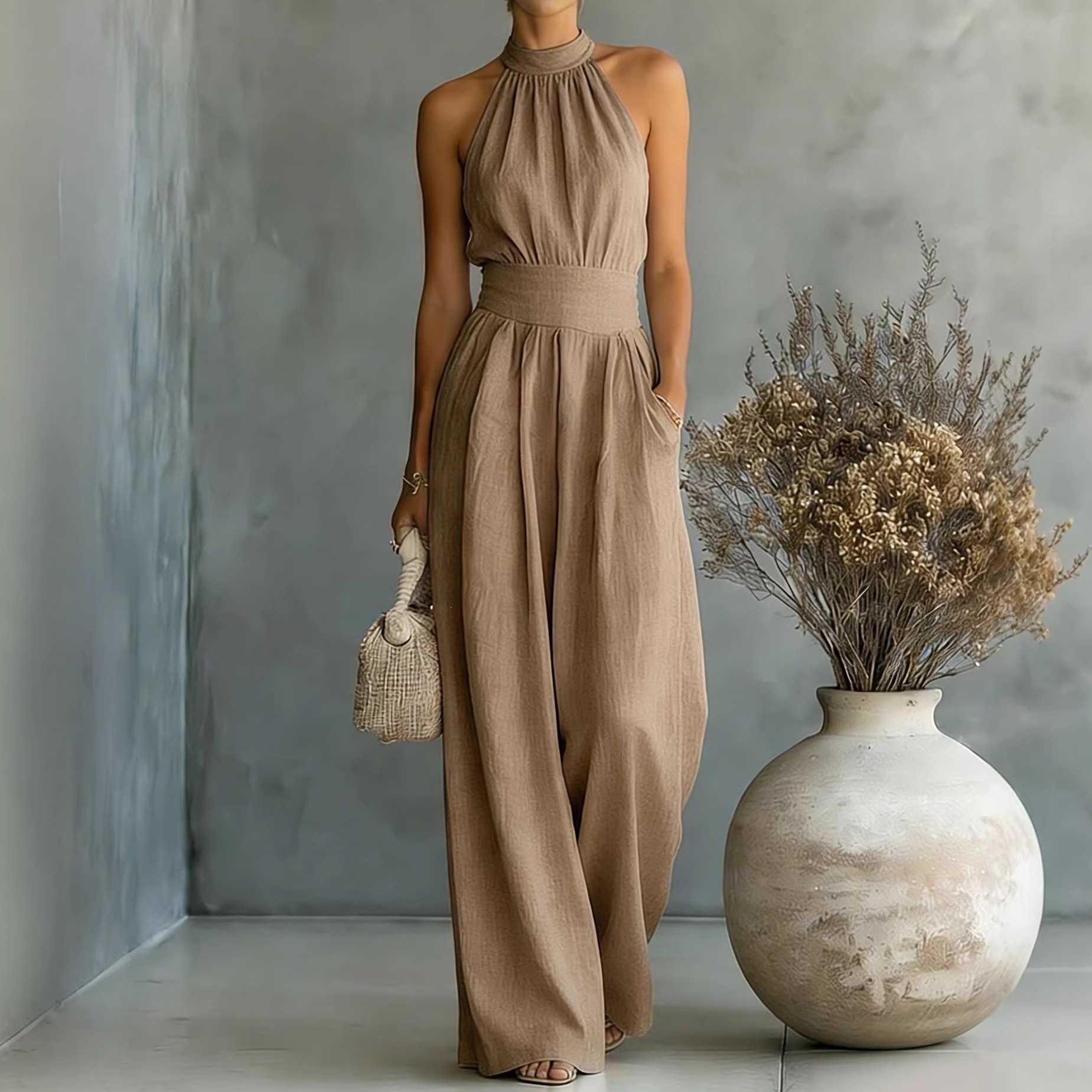 Sleeveless Halter Wide-Leg Jumpsuit with Cinched Waist