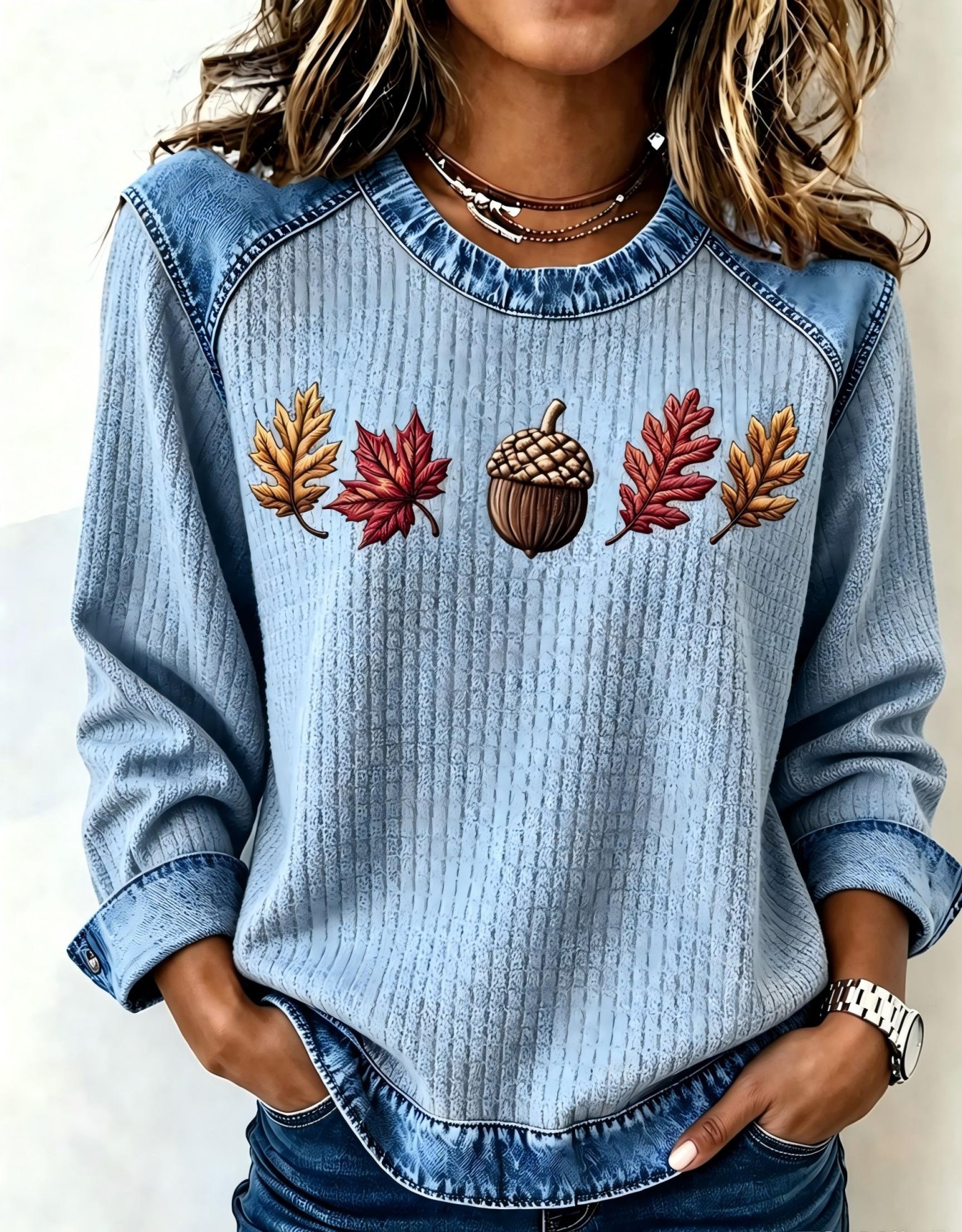 Nut Leaf Maple Print Crewneck Long Sleeve Pullover Sweatshirt