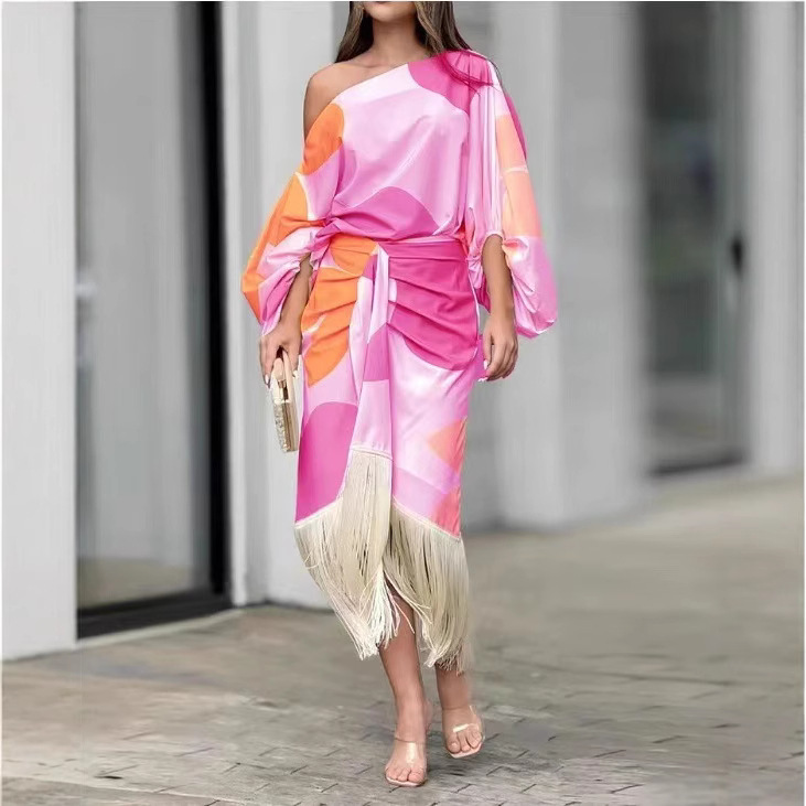 Floral Print Lantern Sleeve Top and Tassel Hem Midi Skirt Two-Piece Set