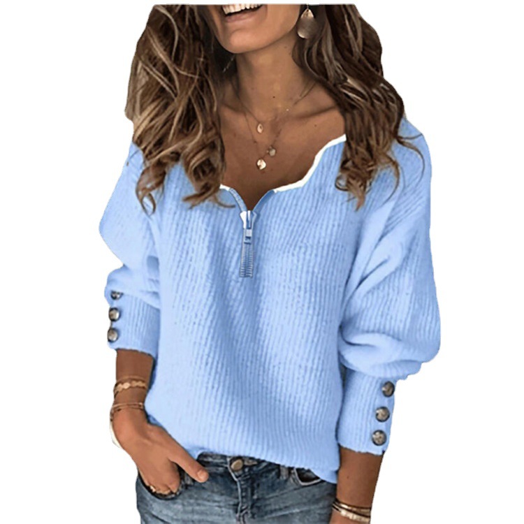 Women's Solid Color Zip-Up V-Neck Knit Sweater Loose Long Sleeve