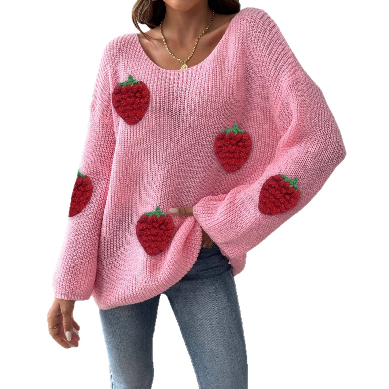 Women's Strawberry Applique Off-Shoulder Bell Sleeve Sweater